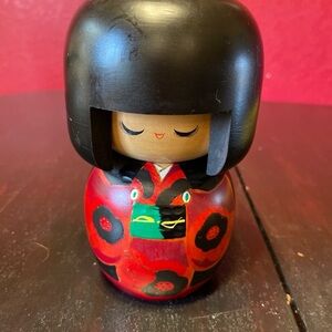 Kokeshi Wood Doll Traditional Japanese Red dress with flower details